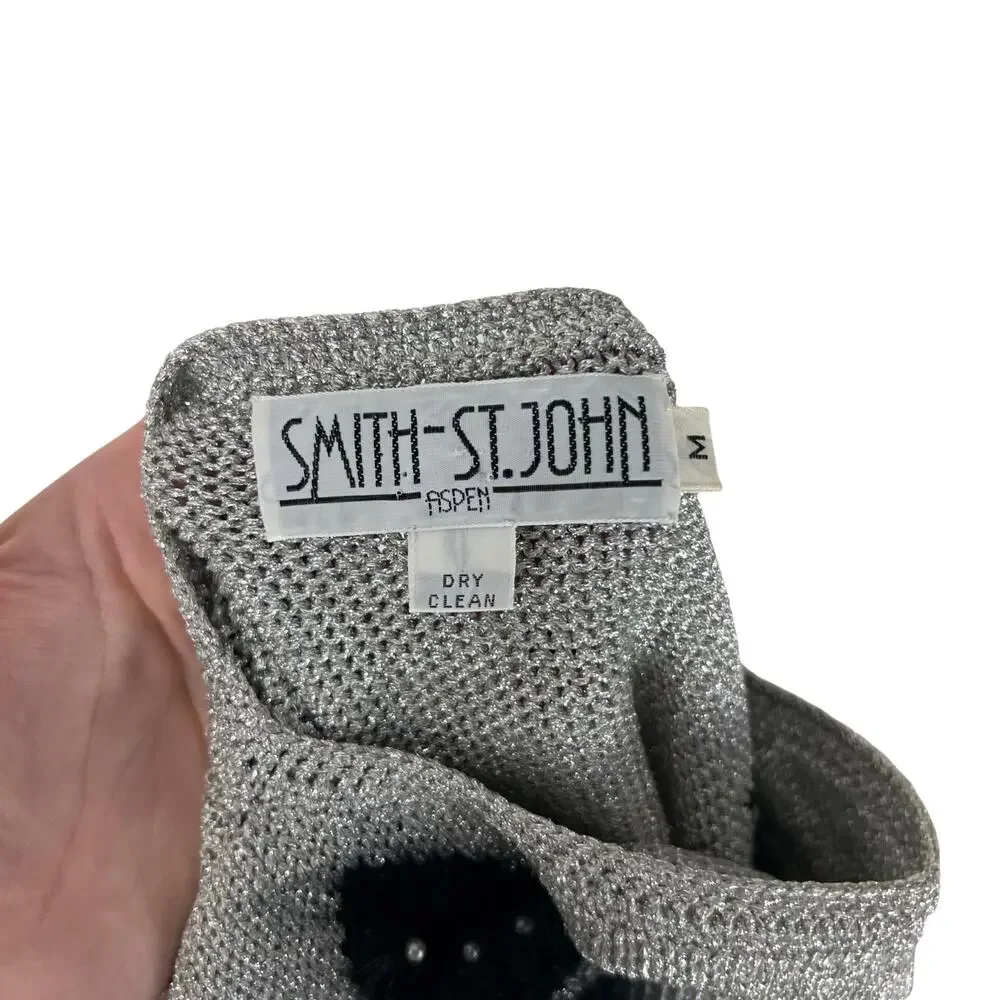 Vintage Smith St. John Metallic Lurex Holiday Sweater Bow Pearl Glam M - Picture 10 of 10